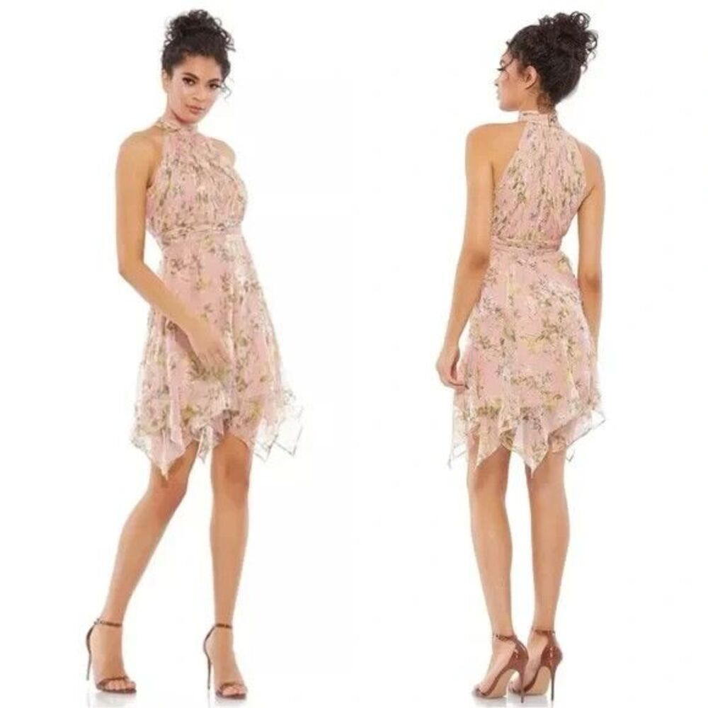 Mac Duggal NWT High Neck Floral Print Dress Size 2 Fairy Pink Multi